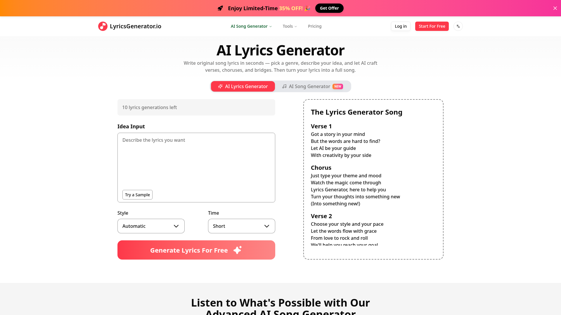 LyricsGenerator.io website