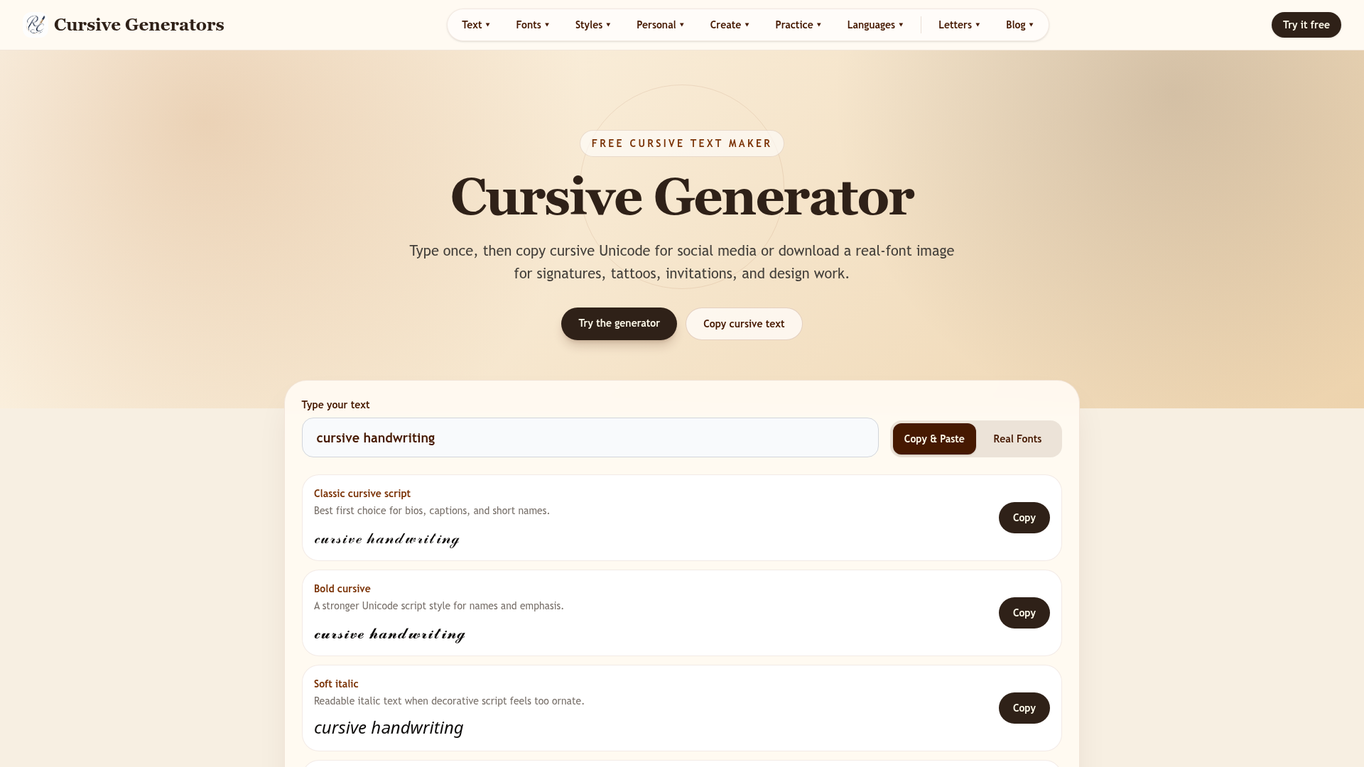 Cursive Generators website