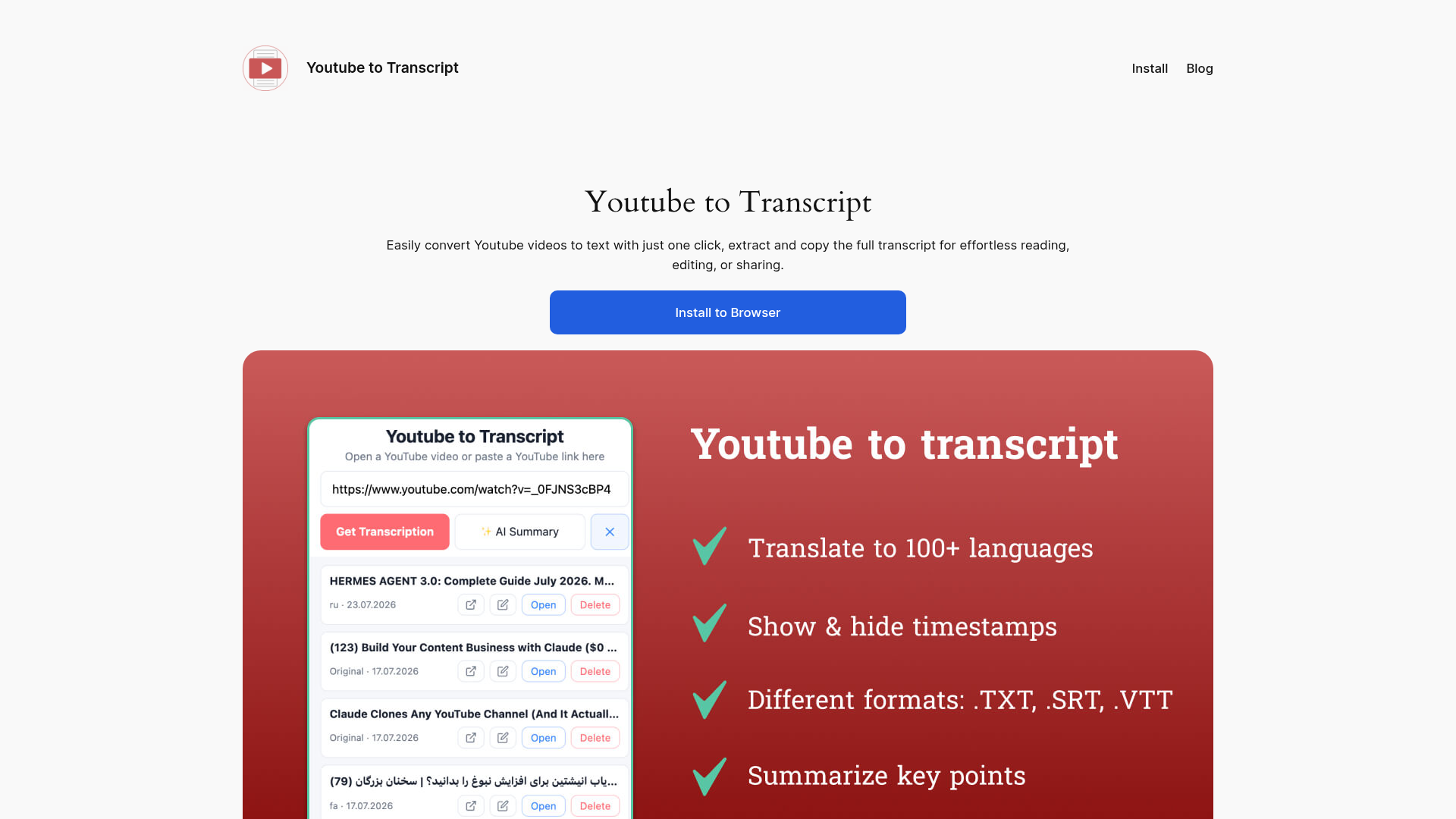Youtube to Transcript website